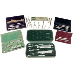Negretti & Zambra drawing instrument set, the ruler with manuscript name 'F/Sgt. F. Hamilton R.A.F. 194(?)', cased; four other drawing instrument sets by Anker-Precision Germany, EcoBra, Temple etc, all cased; and quantity of loose drawing instruments