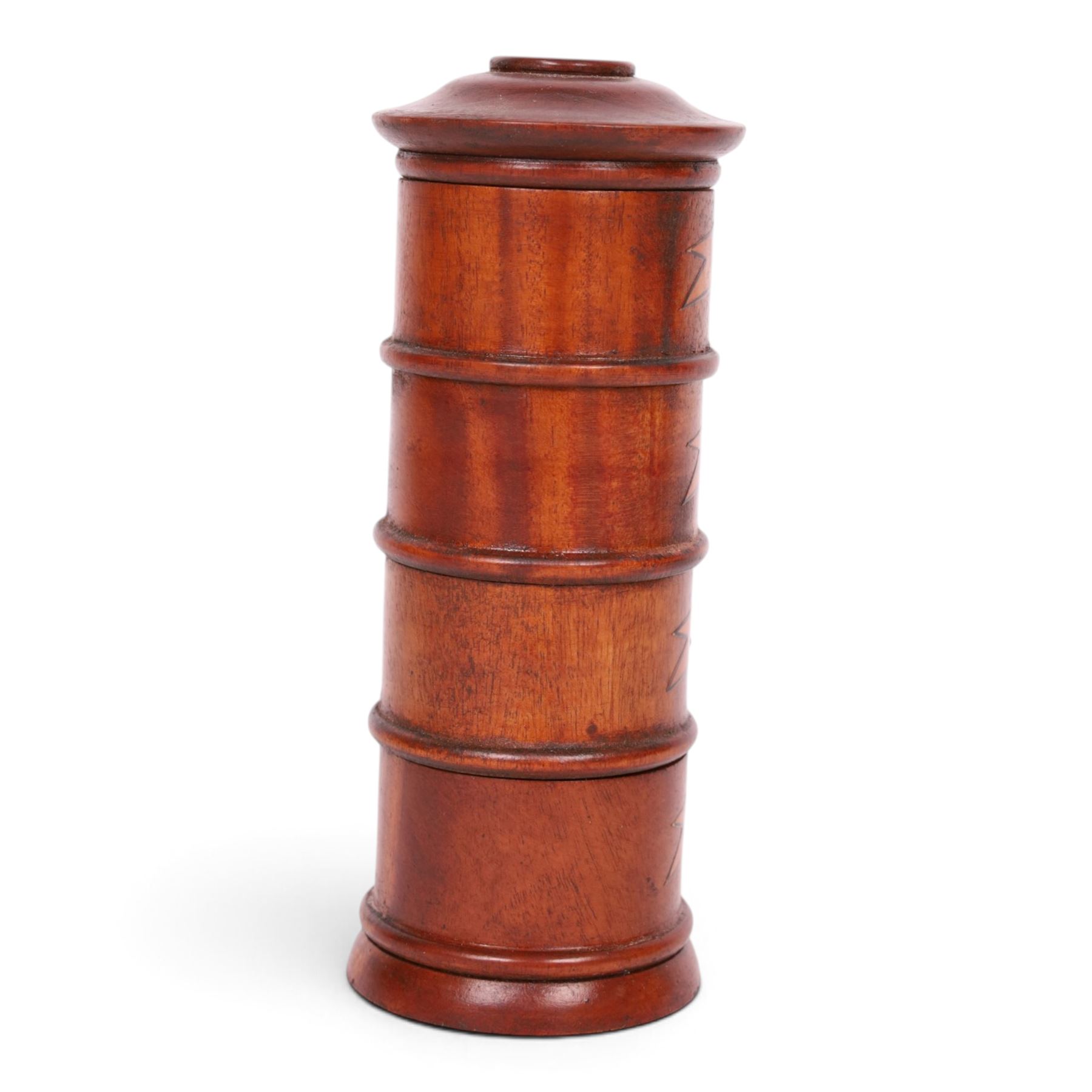 19th century style wooden spice tower, with four labelled compartments, H20cm