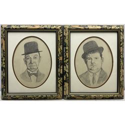R Church (British late 20th century): Laurel and Hardy, pair oval pencil drawings signed 28cm x 21cm (2)