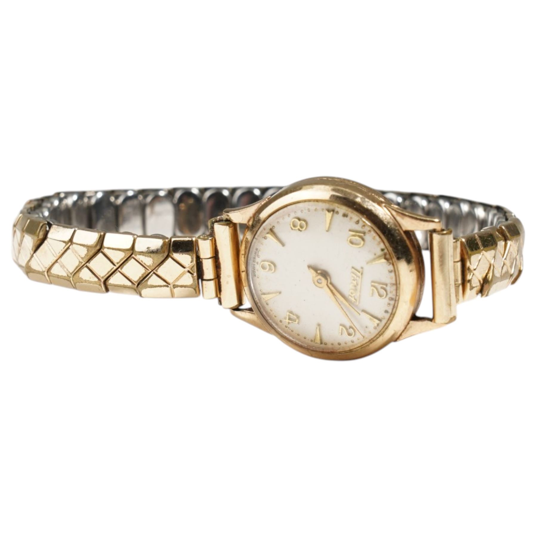 Tissot ladies 9ct gold wristwatch, on expanding gold-plated strap and one other ladies 9ct gold wristwatch, on gilt strap , both manual wind movements