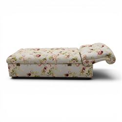 Traditional design scroll end chaise longue Ottoman, floral upholstered buttoned seat hinged to reveal a red lined interior, with reclining scroll end, raised upon squat bun feet