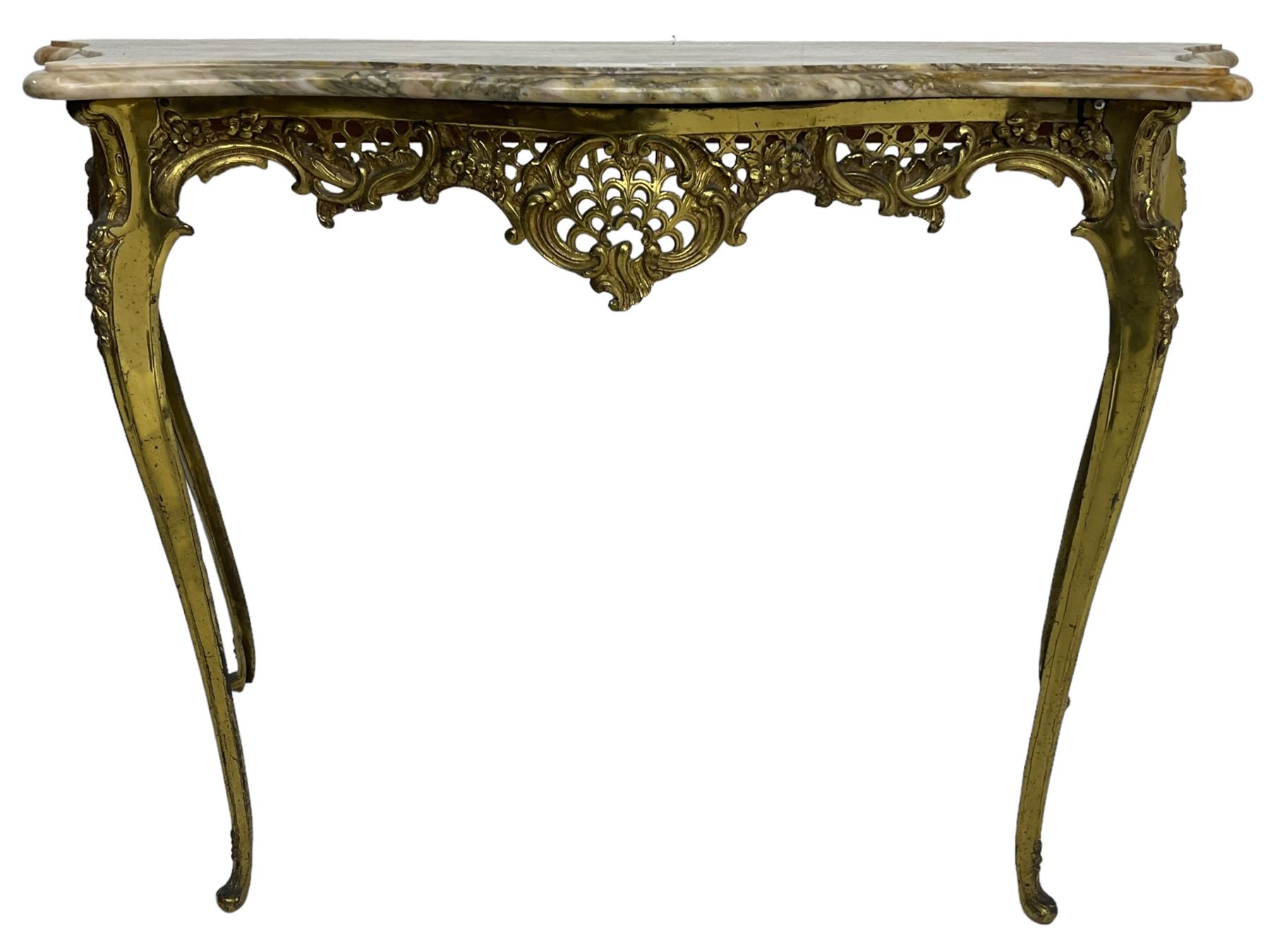 Louis XVI design serpentine front console table, shaped marble top over a cast brass base, the apron pierced and decorated with c-scrolls and foliate cartouche motifs, on cabriole supports with floral patterned knees