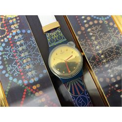 Seven Swatch quartz wristwatches including Celebration Time, POP, 25th Anniversary and World Map, all boxed and an Omega red watch case