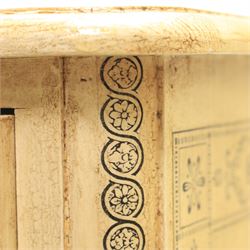 Traditional design cream painted lacquered pedestal chest, rounded moulded top over four short drawers, the drawer fronts decorated with monochrome printed animal scenes, conforming foliate and geometric borders to the top and sides, turned handles, on bun feet