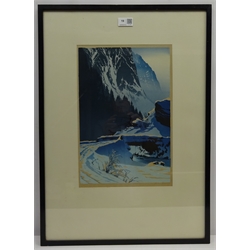  Oscar Droege (German 1898-1982): Brige over a Stream in Winter, coloured woodcut signed in pencil 37cm x 25cm  DDS - Artist's resale rights may apply to this lot     