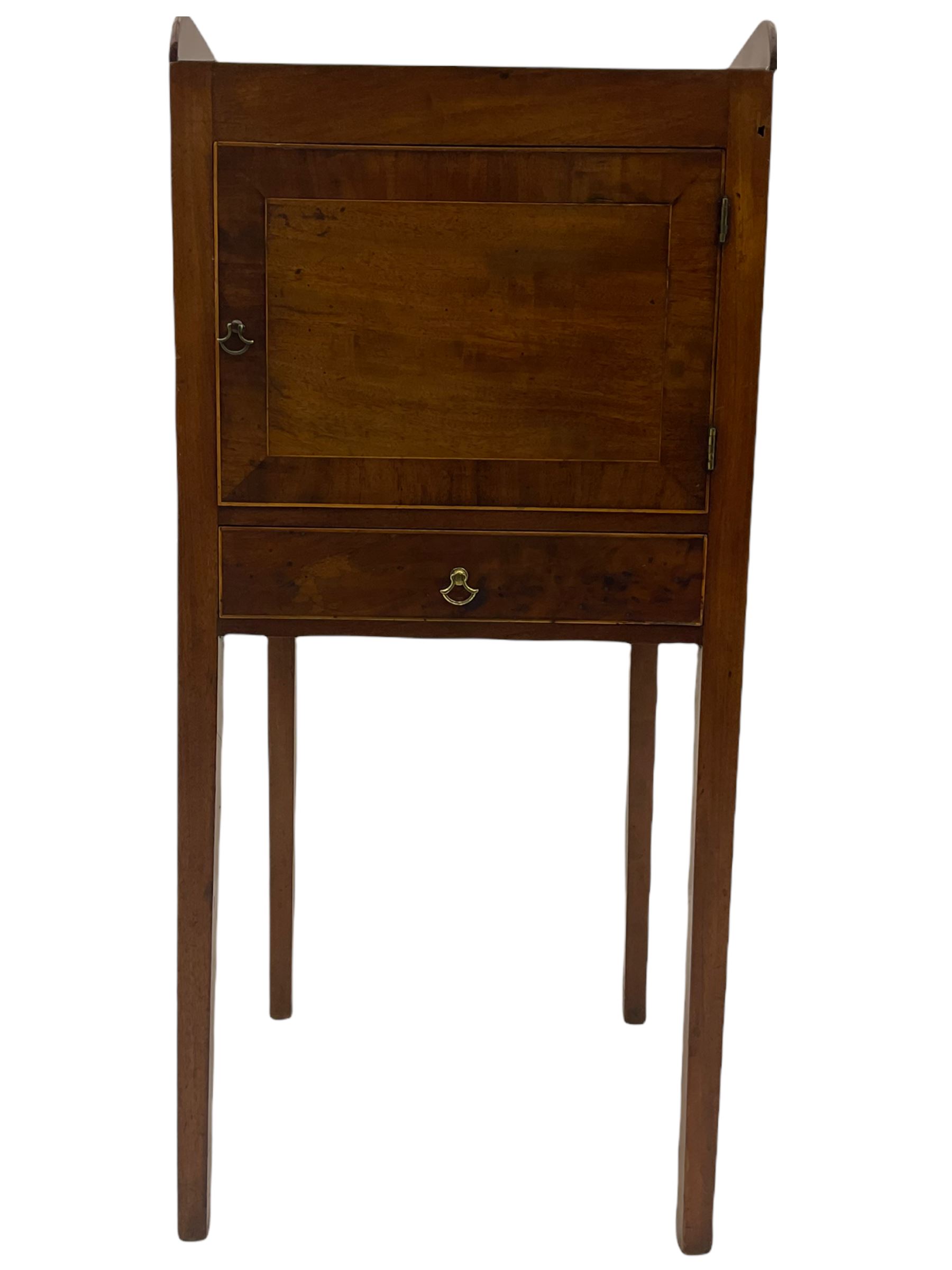 Early 19th century mahogany bedside pot cupboard, raised gallery back, enclosed by single door with band above single drawer, square supports