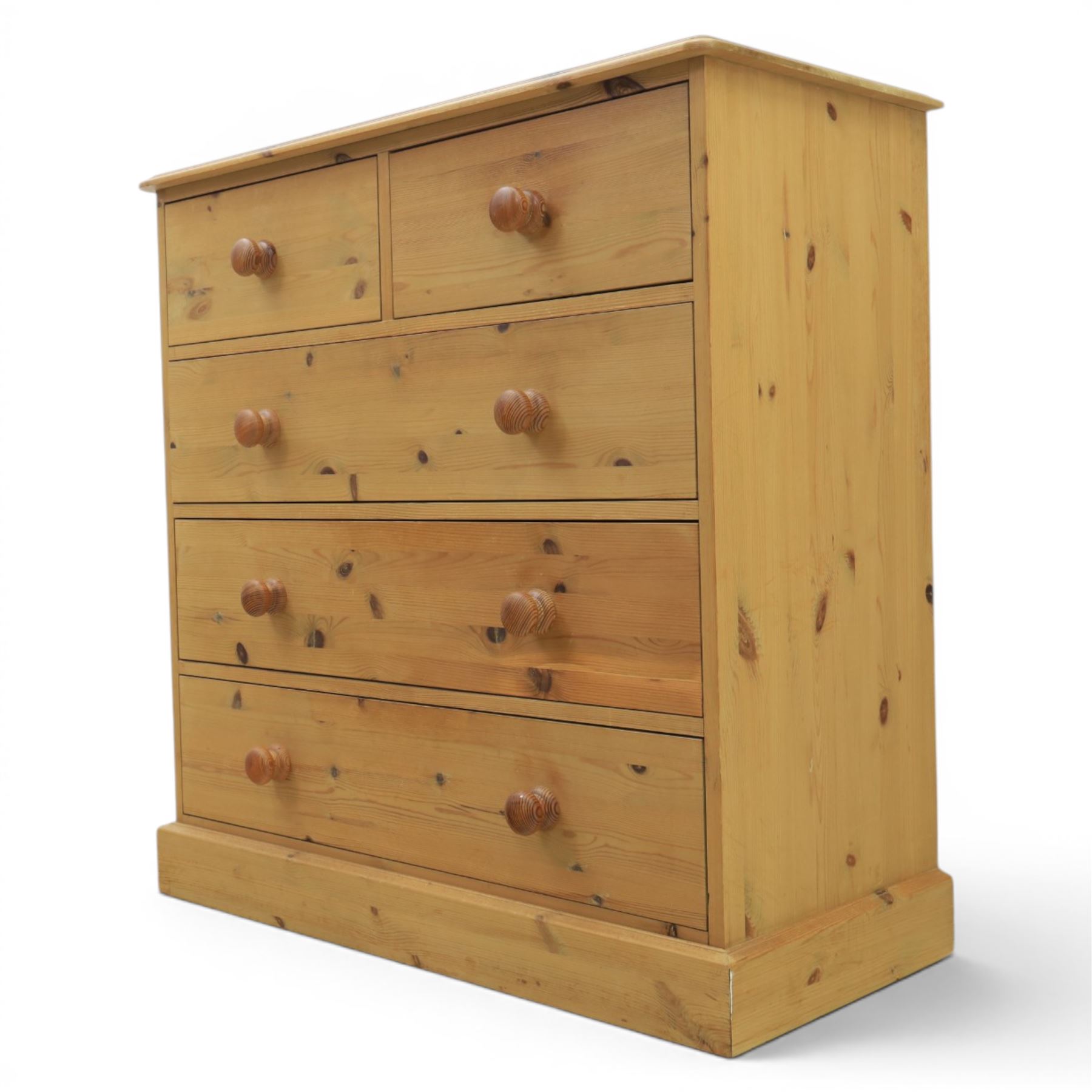 Solid pine chest, fitted with two short and three long drawers
