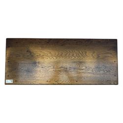 Early 20th century Jacobean design oak dresser sideboard, rectangular top with moulded edge over two baize-lined drawers with pierced handles, above two fielded panel cupboard doors, on stile supports