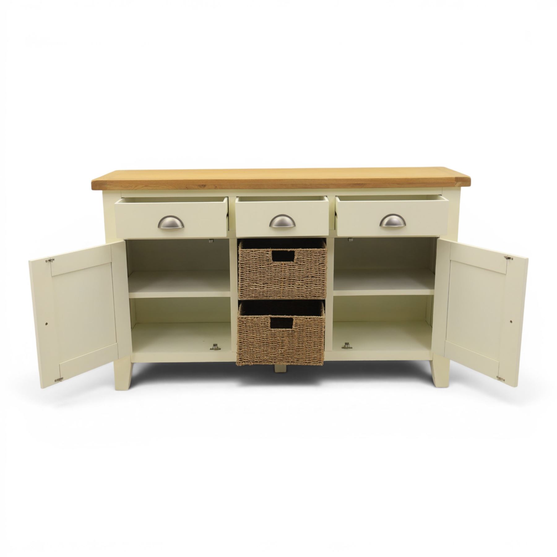 Contemporary white painted sideboard, oak veneered top above three drawers with metal cup handles, two central rattan drawers flanked by cupboards