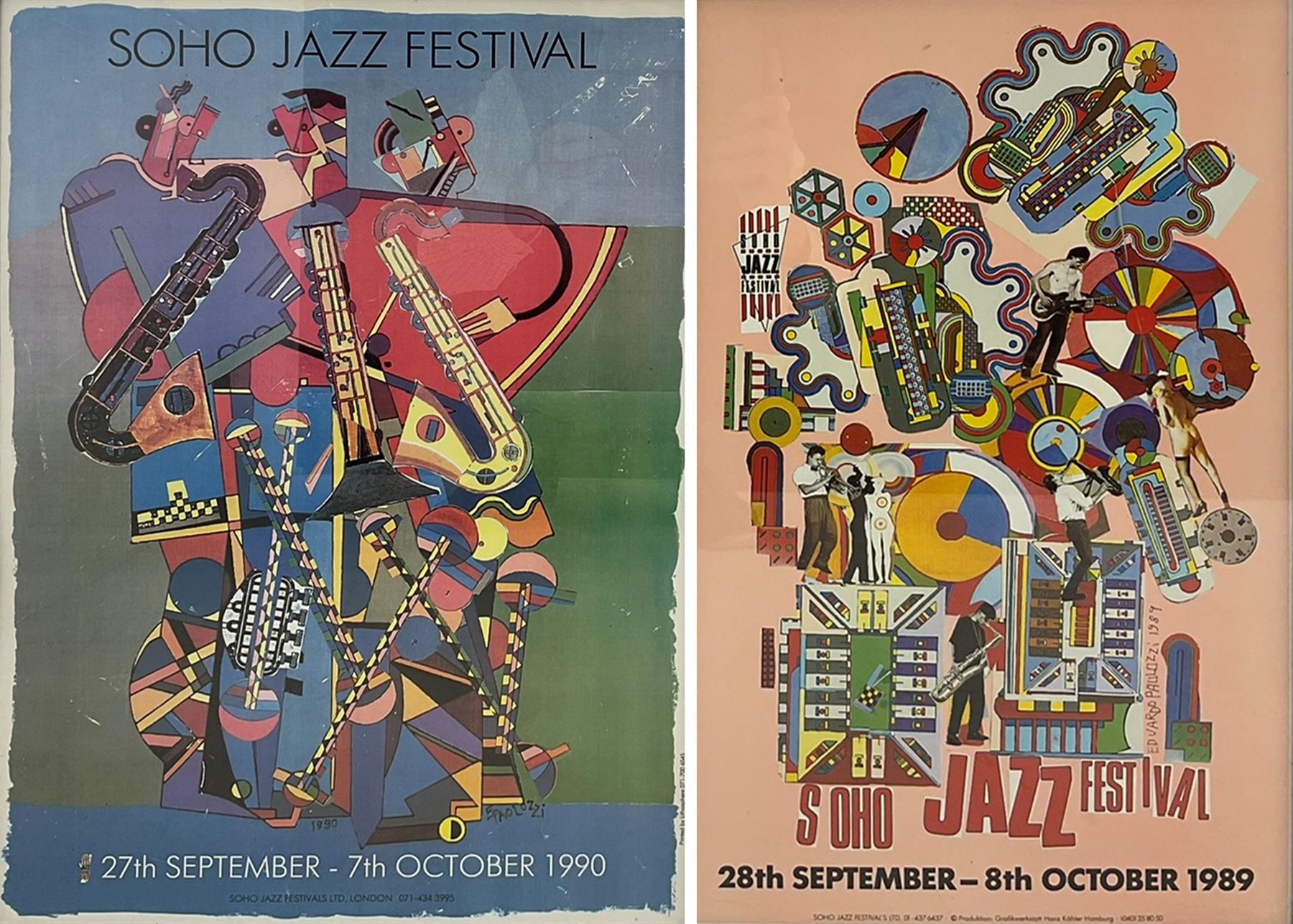 Sir Eduardo Paolozzi CBE RA (Scottish 1924-2005): 'Soho Jazz Festival 1990 and 1989', two exhibition posters 54cm x 39 and 41cm x 31cm, respectively (2)