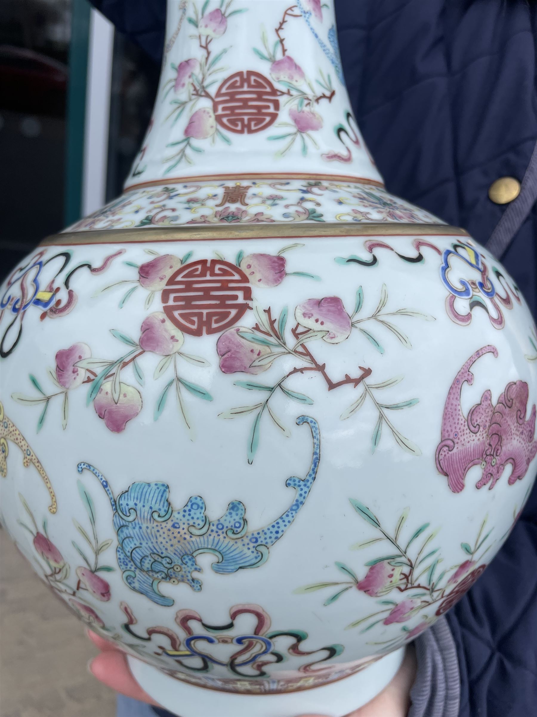 Chinese Qing Dynasty famille rose baluster vase decorated with bats, peaches etc with Tongzhi marks H40cm