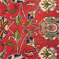 Persian Kashan carpet, red madder field, all over design of scrolling palmettes and flowering vines framed by an ivory border of lotus and arabesques between turquoise and red floral guards 294x387cm