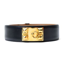 Hermès - ‘Collier de Chien 50’ black leather belt, with yellow gold-tone pyramid stud and ...