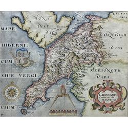 William Hole (British ?-1624) after Christopher Saxton (British c.1540-c.1610): 'Caernarvon Comitatus pars olim Ordovicum', engraved map of Caernarfon  (now part of Gwynedd) with hand colouring pub. c1637, 25cm x 30cm