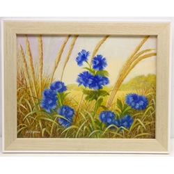 Blue Flowers in a Wheat Field, oil on board signed by Erik W Gleave (British 1916- 1995) 30cm x 40cm  