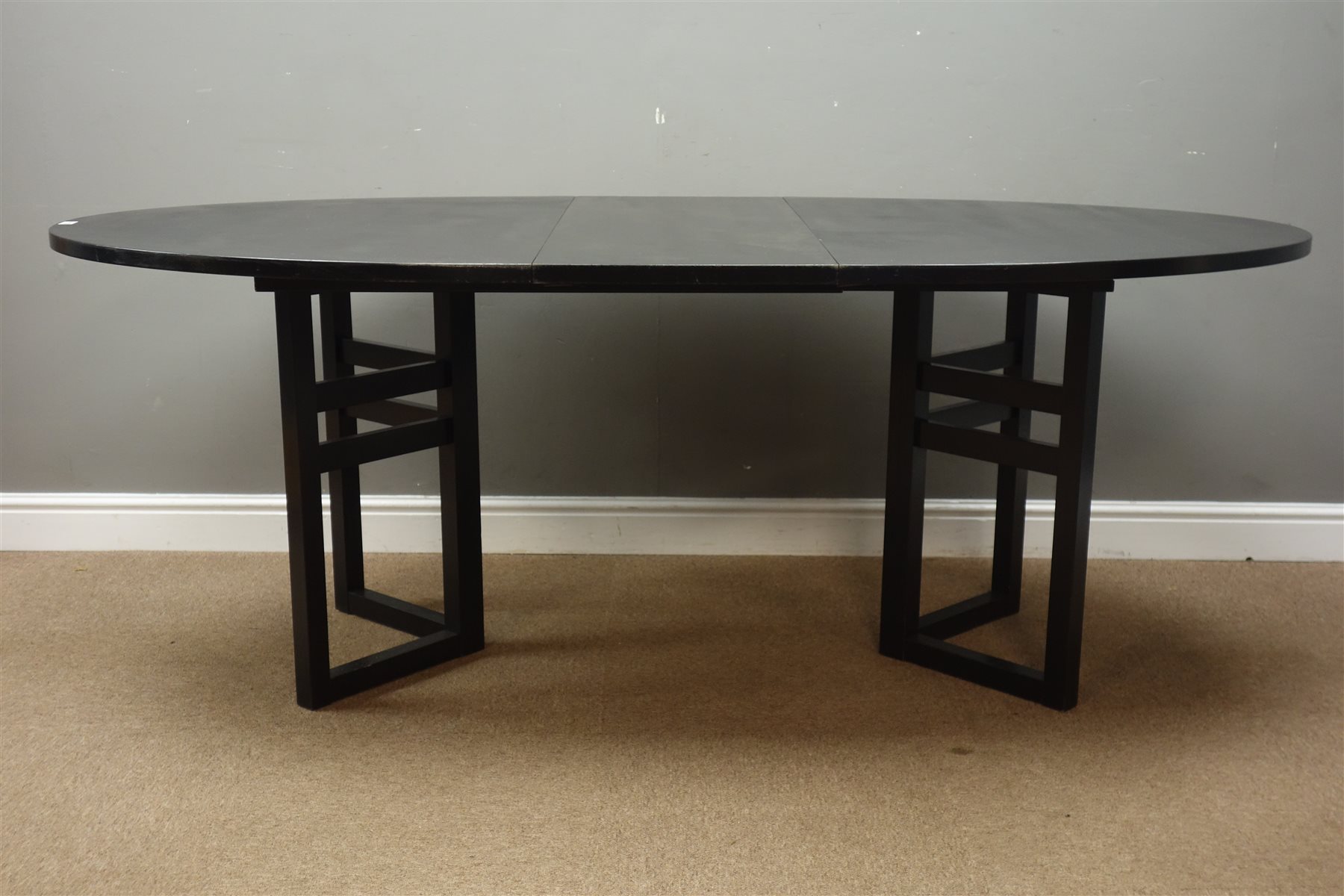 20th century Danish black finish ash dining table, oval extending table