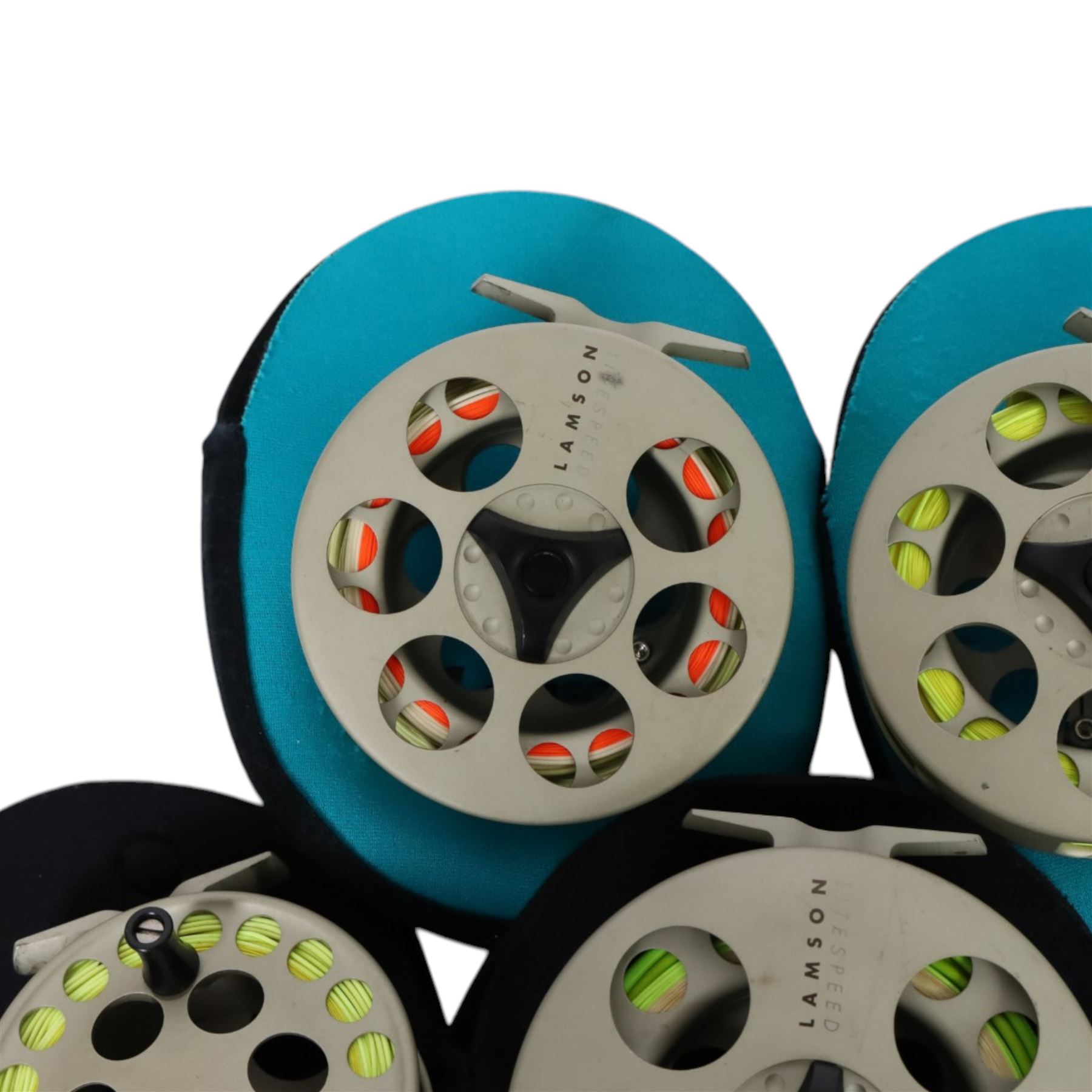 Five Lamson Litespeed fly reels, comprising LS4, two LS2, two LS3.5, all within Lamson soft pouches