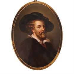 After Sir Peter Paul Rubens (Flemish 1577-1640): Self Portrait of the Artist, 19th century Dresden painted porcelain plaque, in a silver gilt frame, inscribed indistinctly verso and with impressed marks B and M, including frame 18cm x 14cm