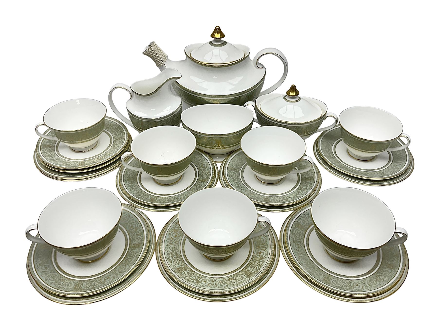 Royal Doulton English Renaissance pattern tea service, comprising teapot, milk jug, open sugar bowl, covered sugar bowl, seven cups, eight saucers and eight side plates (27)