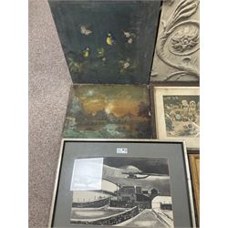 Collection of pictures to include John Carter (Northern British 1931-2007): 'Swaledale Farm - Winter', charcoal drawing; After Louis Wain (British 1860-1939): Mrs Tabitha's Cats' Academy', coloured print and J D Walker (British late 19th century): Carved Stone Detail of a Church, oil on board, variously signed titled and framed max 75cm x 56cm (8)