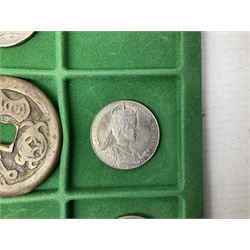 Coins and medallions including, York 1811 one shilling cattle and barber silver token, United States of America 1883O silver Morgan dollar, birds of destiny medal by Malcolm Appleby, Great British King George V 1930 halfcrown, King Edward VII 1902 silver medal, King George V 1916 halfcrown etc, housed in a case with lift out green coin trays