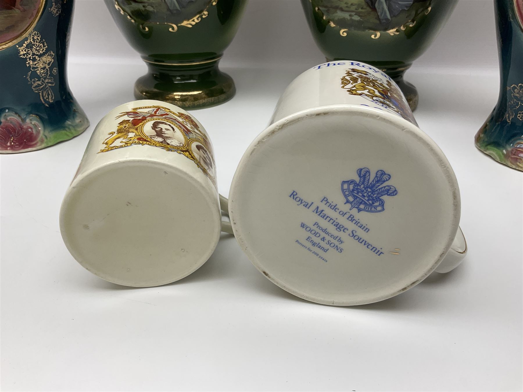 Set of four Chinese cloisonne enamel napkin rings, together with a pair of Strasburg Ware vases, a pair of similar larger continental vases and four Royal commemorative mugs