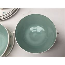 Susie Cooper Whispering Grass pattern dinner wares, to include tureen with cover, six twin handled soup bowls, dinner plates and side plates, etc 