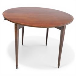 George III Scottish inlaid mahogany demi lune tea table, the curved fold over top opening to reveal a circular top with inlay to edge, above a frieze drawer with key, raised upon tapering inlaid legs with spade feet