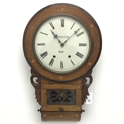  Victorian inlaid walnut drop dial wall clock, later Roman dial inscribed Andrew King Hull, twin train movement striking the hours on a bell, H71cm, and a small Victorian Vienna type wall clock, H57cm (2)  