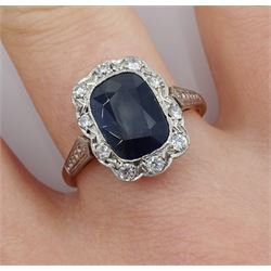 Art Deco style gold rectangular cushion cut sapphire and diamond cluster ring, stamped 18ct Plat 