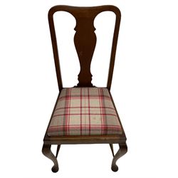 Mixed set of twelve early 20th century mahogany Queen Anne style dining chairs, all with shaped vase backs and cabriole front supports, matching drop-in seats upholstered in tartan patterned fabric