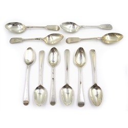  Set of five Georgian silver dessert spoons, set of four dessert spoons by William Hutton & Sons Ltd, Sheffield 1938 and one other approx 12oz  