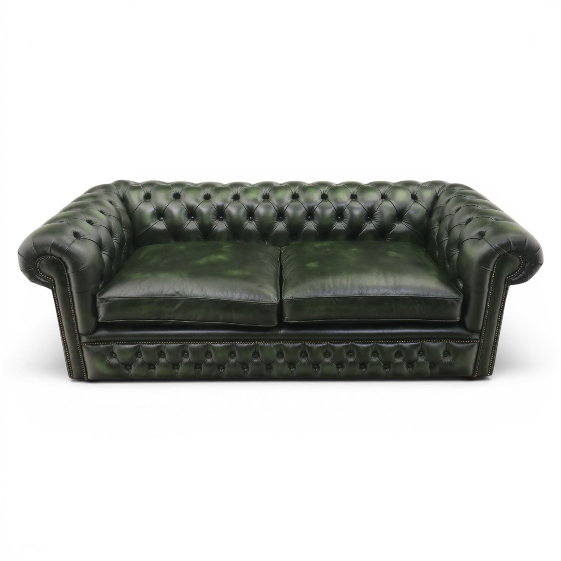 Distinctive Chesterfields - Chesterfield two cushion sofa, upholstered in green deeply buttoned leather