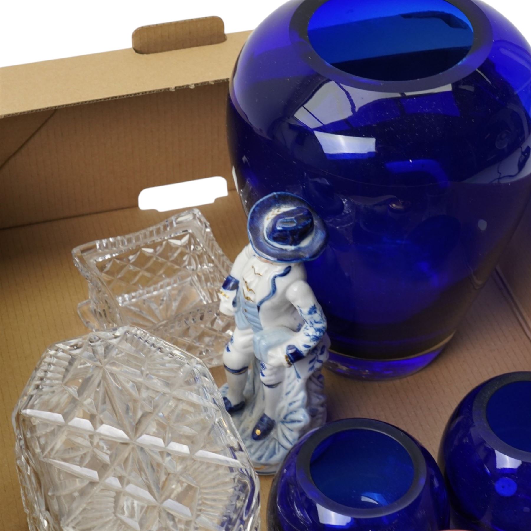 Three blue glass vases, six brandy balloons, Colibri table lighter, glass biscuit box and other items in two boxes