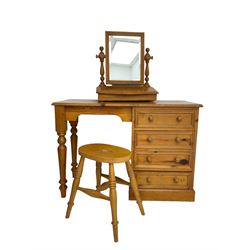 Traditional waxed pine single pedestal dressing table, rectangular top, fitted with four drawers (W106cm D46cm H75cm); and matching swing mirror, rectangular bevelled plate over hinged trinket compartment (W50cm H58cm); and matching four legged stool (H46cm)