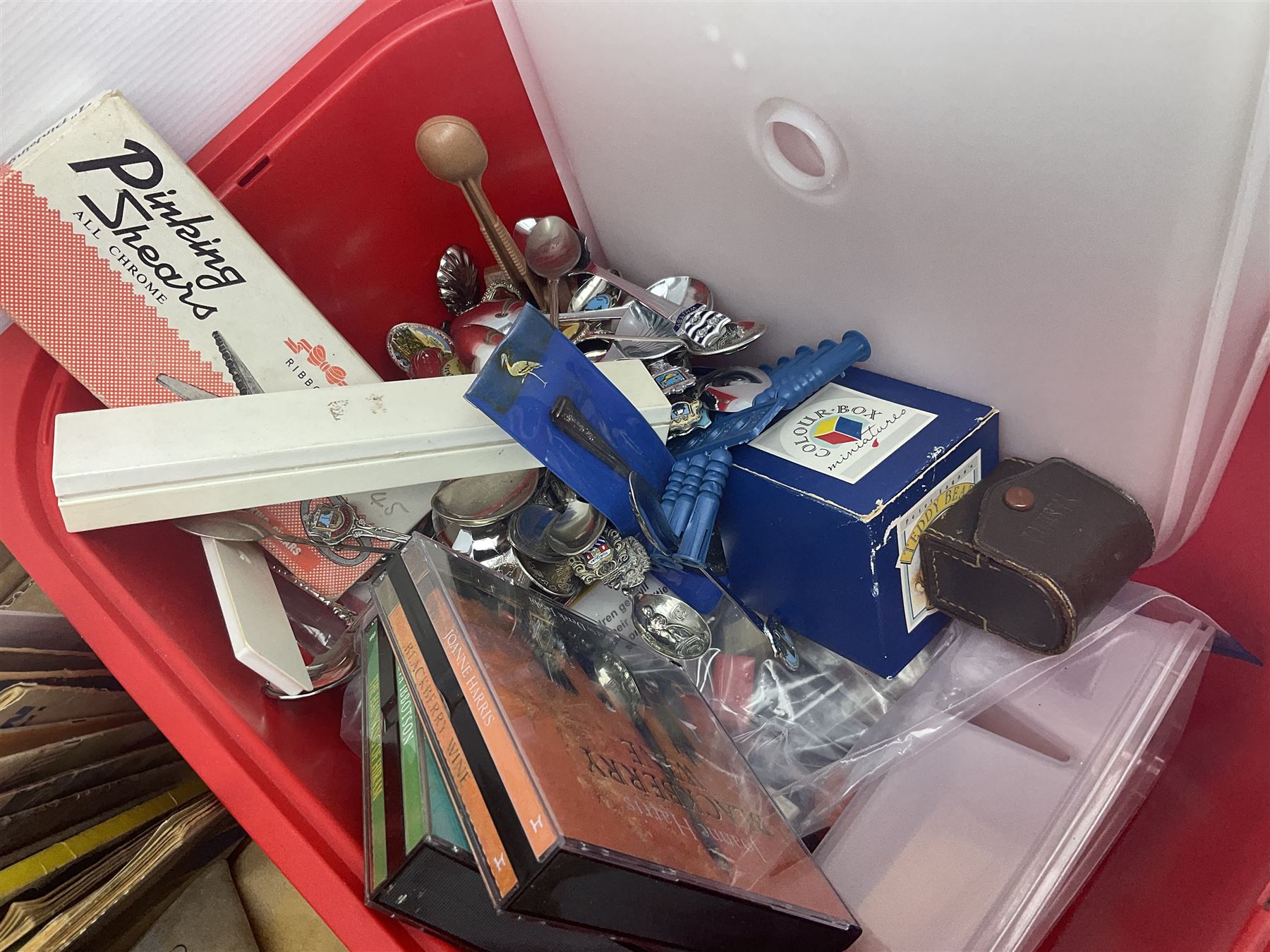 Warhammer NLP Lord of the Rings figures, together with Orbit and Pixie books, Mad magazines, craft equipment, Friends DVD collection, large collection of Warhammer style unpainted metal figures, souvenir spoons and a collection of boxes, etc in two boxes 