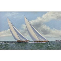 George Drury (British 1950-): 'J Cass Yachts Endeavour & Valsheda heading for the Needles', oil on artist's board signed 47cm x 73cm