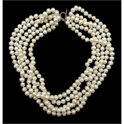 Five strand cultured pearl necklace, with silver clasp stamped 925