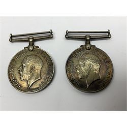 WW1 group of three medals comprising 1914-15 Star awarded to L-Cpl. W.J. Horspool R.War.R., British War Medal and Victory Medal awarded to A. Cpl. W.J. Horspool R.War.R.; WW1 British War Medal awarded to 3-8755 W.O.Cl.2. S. Paterson North'd Fus.; and hallmarked silver and enamel Northumberland Football Association Junior Cup Runners Up fob 1921-22 on silver chain (5)