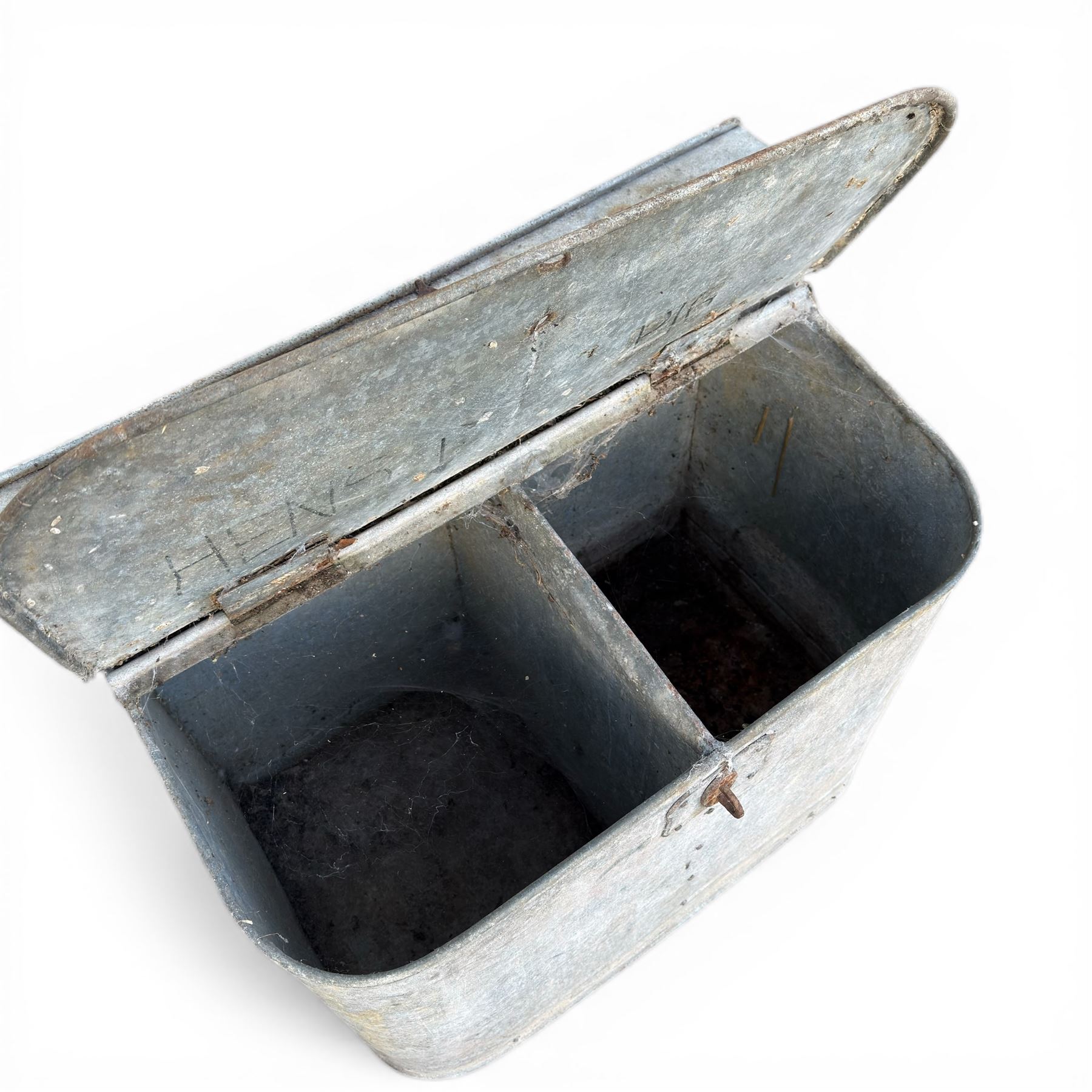 Galvanised metal animal feed bin