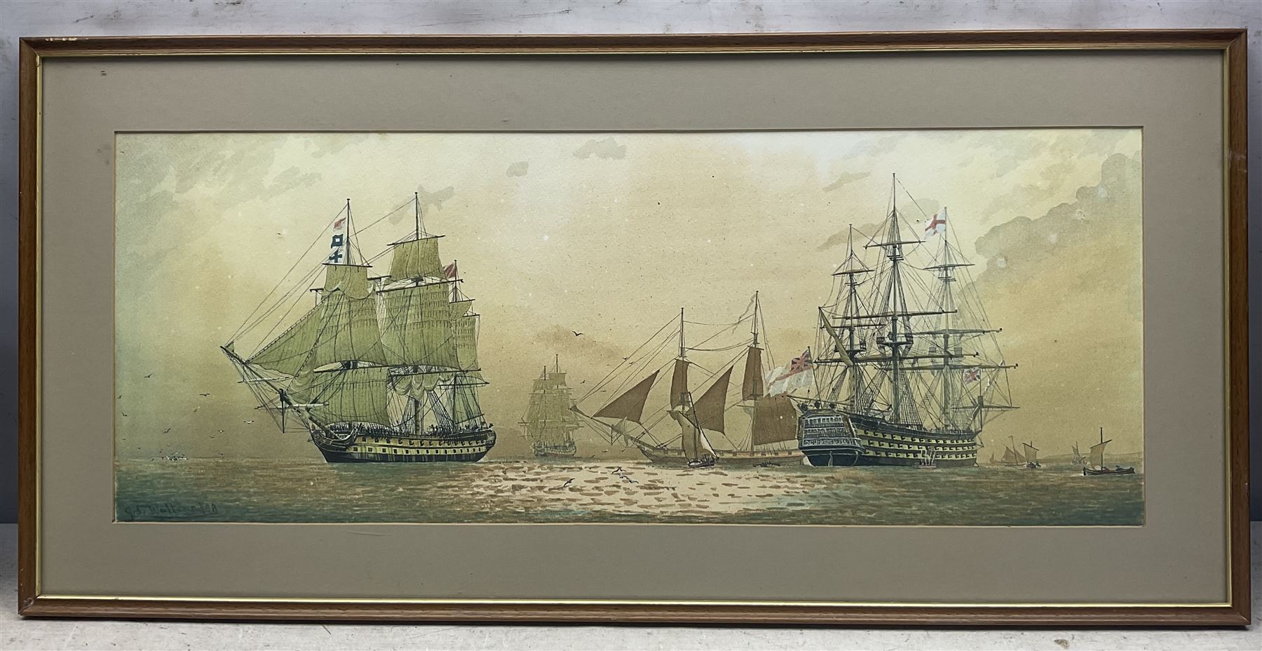 George Stanfield Walters (British 1838-1924): 'A link with the past - The HMS Victory Portsmouth Harbour', watercolour signed and dated '98, titled verso 25cm x 65cm
Notes: exhibited Royal Society of British Artists, London 1898, No. 31