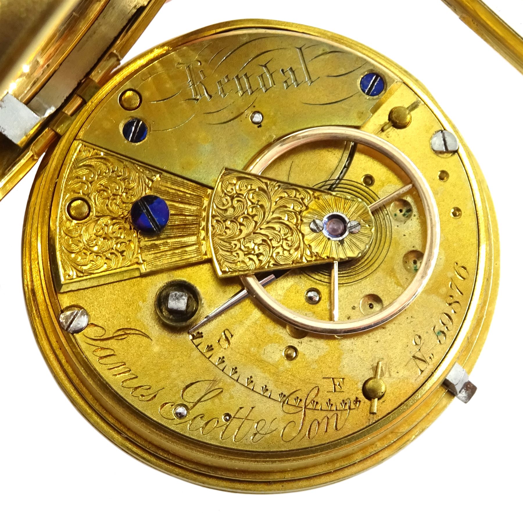 Victorian 18ct gold open face ladies key wound pocket watch by James Scott & Son, Kendal, No. 59876,  gilt dial with Roman numerals, Thomas R Russell & Co, Chester 1872