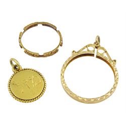 Gold pendant and ring, both 18ct and a 9ct gold pendant sovereign mount, hallmarked or tested