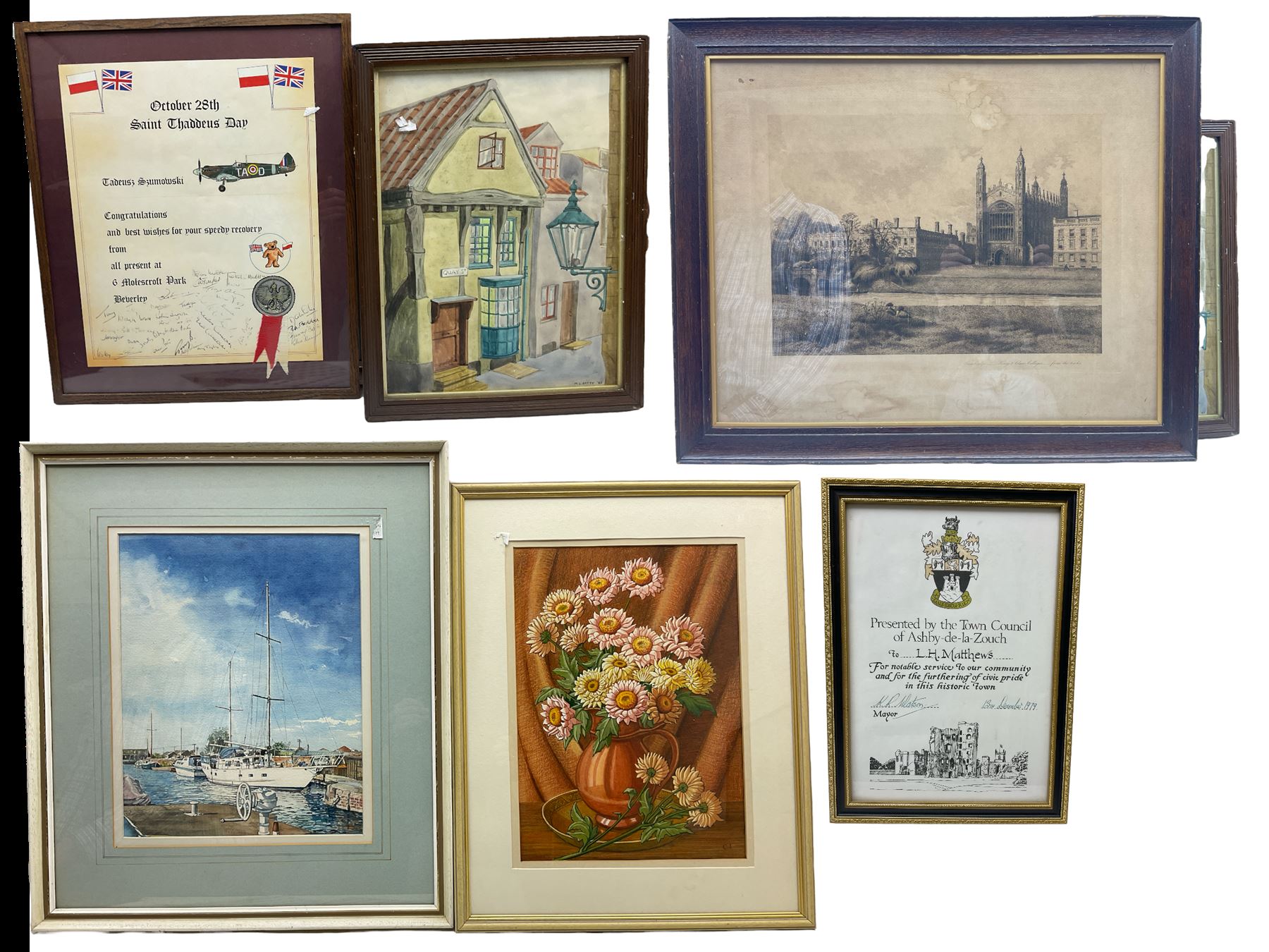 D G Deans: Yacht at Anchor, watercolour indistinctly signed; Christine Ibbotson: Chrysanthemums, watercolour; M C Batty: 'Quay Street' Scarborough, watercolour; Francis Philip Barraud etching of Kings College Cambridge, and two further pictures (6)