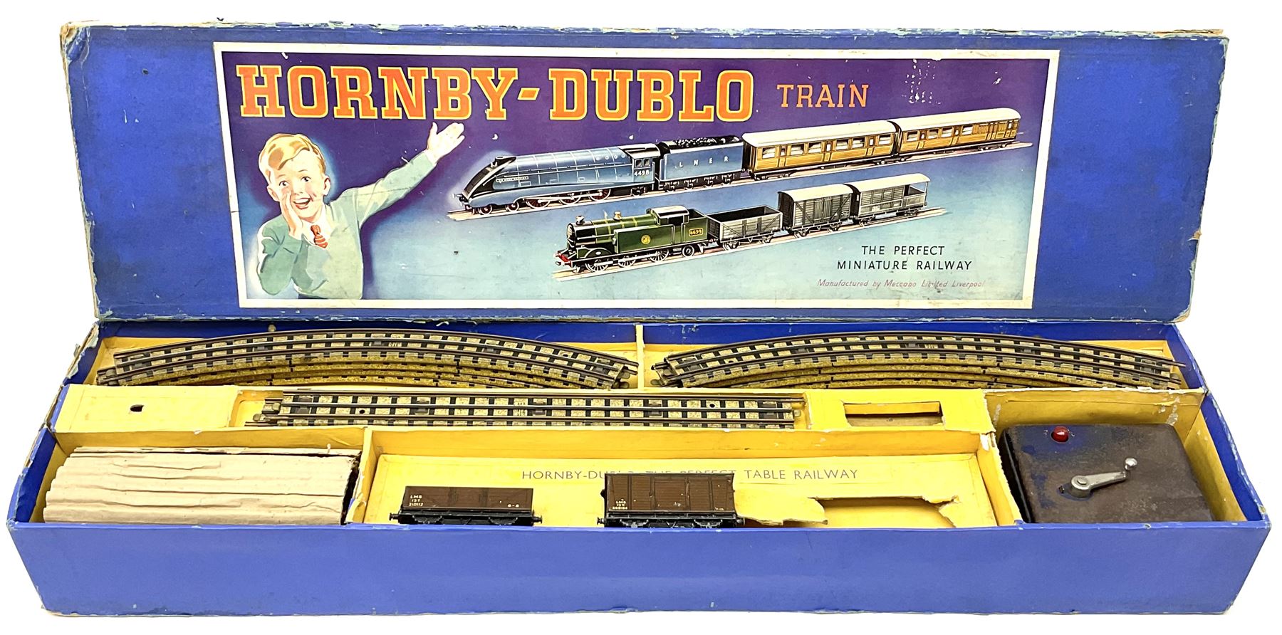 Hornby Dublo - three-rail EDG7 Tank Goods Train set with LMS black 0-6-2 Tank locomotive No.6917, two wagons (lacking brake van), quantity of straight and curved track and controller, in earlier long box.