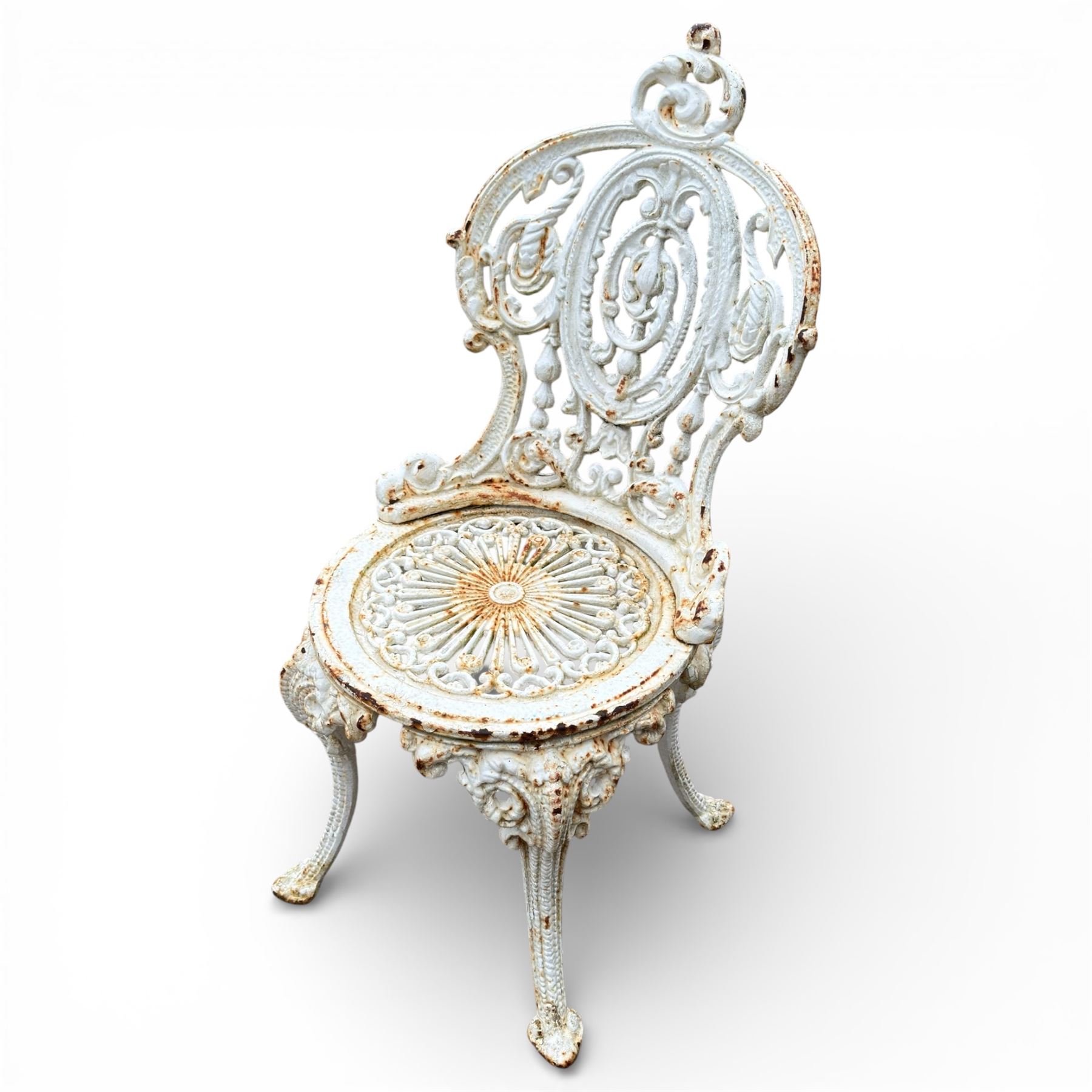 Victorian cast iron white painted garden chairs and table with aluminium top