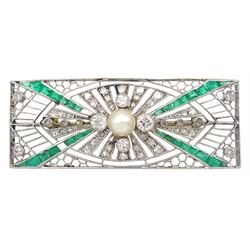 Art Deco platinum diamond, emerald and pearl brooch, the single stone pearl surrounded by old cut diamonds and calibre cut emeralds in an openwork setting