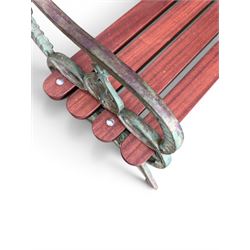 Coalbrookdale - Lily Pad design cast iron an wood slatted garden bench, late 19th century Aesthetic Movement, no. 217569, distressed green paint, iron centre support and seat stretcher, hardwood slatted