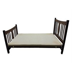 Edwardian inlaid mahogany 3' single bedstead, with headboard, footboard, wooden base and metal side supports; Giltedge 'Astrid 3000' pocket sprung mattress (L190cm, W104cm, D27cm)