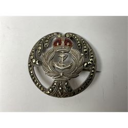 Five silver sweetheart brooches - Royal Artillery with marcasite, Naval with marcasite, George VI Royal Engineers with tortoiseshell, Royal Marines Gibraltar with enamel and South African General Service with blue enamel (5)